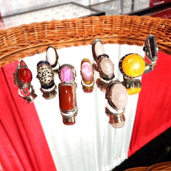 Agate, Lapis, Turquoise & Coral Gemstone Adjustable Statement Ring - Picture 6 of 16